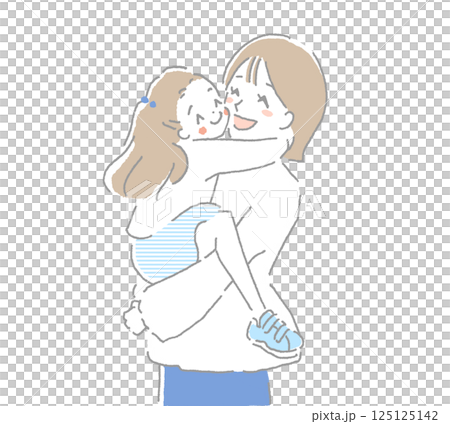 Parents and children hugging each other with happy smiles 125125142