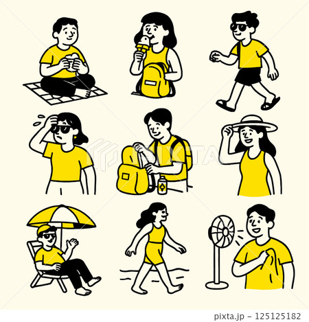 Enjoy vibrant summer scene featuring people engaging various activities like eating snacks, enjoying ice cream, and walking beach. cheerful atmosphere is enhanced by bright yellow clothing 125125182