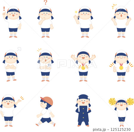 体操着の女の子の色々なポーズのイラストセット　全身 125125230