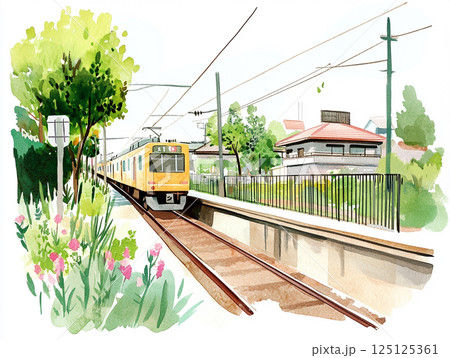 線路沿いの住宅街を行く黄色い電車 125125361