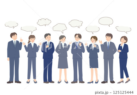 意見を出し合うスーツ姿のビジネスパーソン男女8人（全身） 125125444