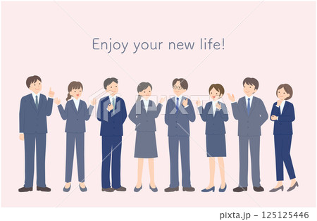 スーツ姿のビジネスパーソン男女8人のイラスト（全身） 125125446