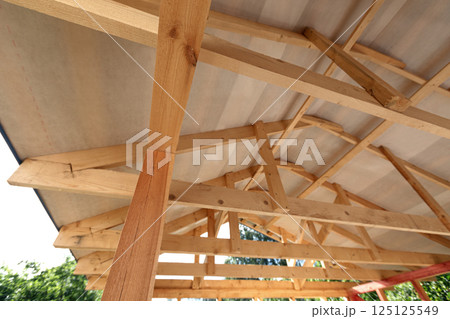 Unfinished frame house. Building process on construction site Unfinished frame house. Building process on construction site 125125549