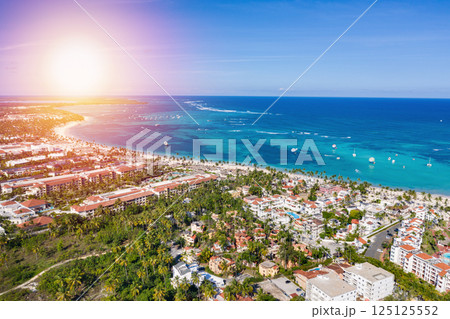 Aerial view with caribbean city on the beach 125125552