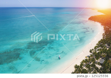 Aerial view from drone on tropical island with palm trees and speed boat shipping in caribbean sea Aerial view from drone on tropical island with palm trees and speed boat shipping in caribbean sea 125125556