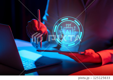 Business person with tablet showing virtual icons interface of AI artificial intelligence. Data management system. Smart corporate and technology innovation. Concept of AI artificial intelligence Business person with tablet showing virtual icons interface of AI artificial intelligence. Data management system. Smart corporate and technology innovation. Concept of AI artificial intelligence 125125633