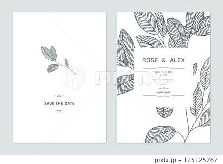 Wedding invitation card template design, eucalyptus leaves line art ink drawing on white Wedding invitation card template design, eucalyptus leaves line art ink drawing on white 125125767