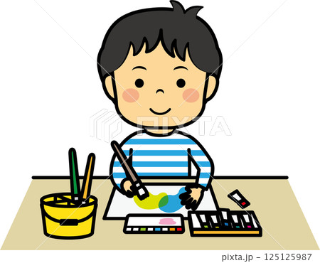 水彩画を描く男児 125125987