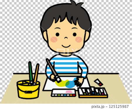 水彩画を描く男児 125125987