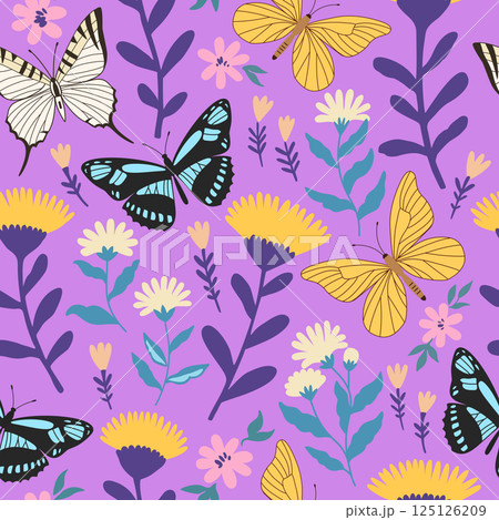 Seamless pattern with cute flowers and butterflies. Feminine romantic print for scrapbooking and textile.  125126209