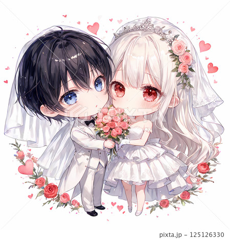 可愛い新郎新婦。アルビノの少女と碧眼の青年の結婚式。漫画風のミニチュアキャラクター 可愛い新郎新婦。アルビノの少女と碧眼の青年の結婚式。漫画風のミニチュアキャラクター 125126330