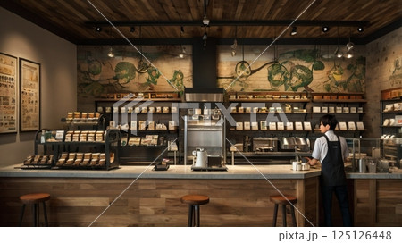 笑顔でラテアートを描きながらお客様を迎えるカフェの温かなひととき 笑顔でラテアートを描きながらお客様を迎えるカフェの温かなひととき 125126448