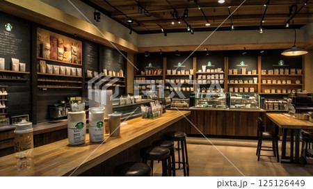 笑顔でラテアートを描きながらお客様を迎えるカフェの温かなひととき 笑顔でラテアートを描きながらお客様を迎えるカフェの温かなひととき 125126449