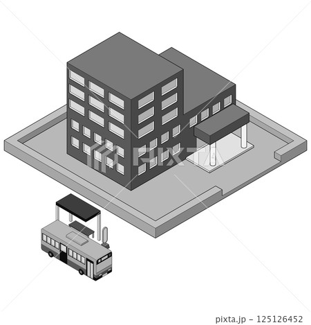 ビルの前のバス停にバスが止まっているイラスト。街の風景。モノクロ、アイソメトリック図法、右面法。 125126452