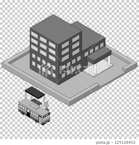 一輛巴士停在一棟建築物前的巴士站上。城市景觀。單色、等距、右視圖。 一輛巴士停在一棟建築物前的巴士站上。城市景觀。單色、等距、右視圖。 125126452