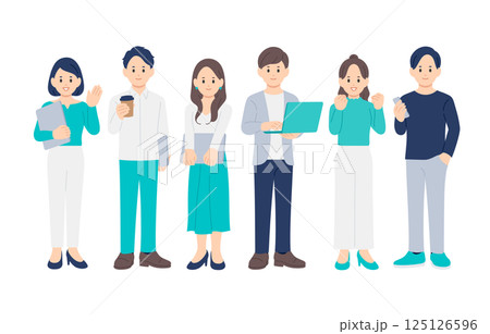 ポーズをとる若い男女の全身セット【人物ベクターイラスト素材】 125126596