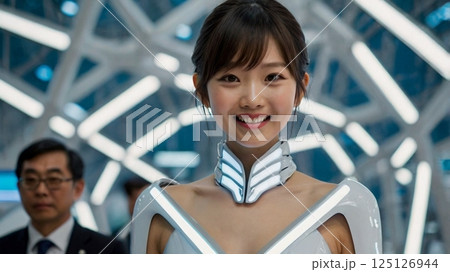 未来の大阪万博において、未来的な展示案内役として、笑顔でテクノロジーと文化を繋げる瞬間 未来の大阪万博において、未来的な展示案内役として、笑顔でテクノロジーと文化を繋げる瞬間 125126944