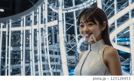 未来の大阪万博において、未来的な展示案内役として、笑顔でテクノロジーと文化を繋げる瞬間 125126953