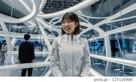 未来の大阪万博において、未来的な展示案内役として、笑顔でテクノロジーと文化を繋げる瞬間 未来の大阪万博において、未来的な展示案内役として、笑顔でテクノロジーと文化を繋げる瞬間 125126986