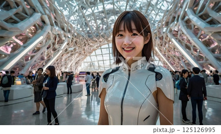 未来の大阪万博において、未来的な展示案内役として、笑顔でテクノロジーと文化を繋げる瞬間 125126995