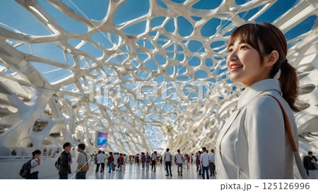 未来の大阪万博において、未来的な展示案内役として、笑顔でテクノロジーと文化を繋げる瞬間 125126996