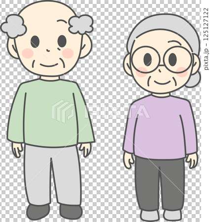 正面を向いて立っているおじいさんとおばあさんのイラストセット 125127122