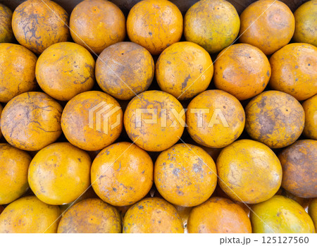 Fresh Oranges Neatly Arranged on a Market Stall. Fresh Oranges Neatly Arranged on a Market Stall. 125127560