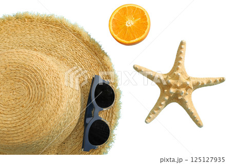Beach accessories and tropical fruit highlight summer vacation vibes, isolated on white Beach accessories and tropical fruit highlight summer vacation vibes, isolated on white 125127935