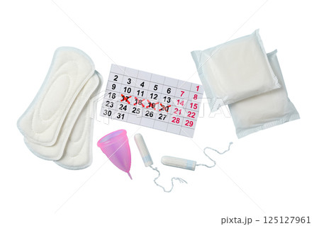 Feminine hygiene and menstruation, Feminine hygiene items like pads, tampons, and a menstrual cup, isolated on white, PNG Feminine hygiene and menstruation, Feminine hygiene items like pads, tampons, and a menstrual cup, isolated on white, PNG 125127961