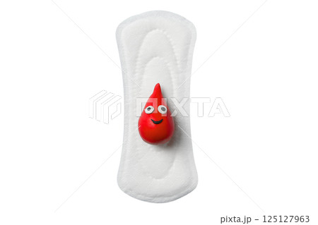 Feminine hygiene and menstruation, Playful character on a sanitary pad promoting menstrual awareness, isolated on white, PNG Feminine hygiene and menstruation, Playful character on a sanitary pad promoting menstrual awareness, isolated on white, PNG 125127963