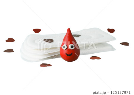 Feminine hygiene and menstruation, Cute blood drop and pads with hearts for feminine hygiene, isolated on white, PNG 125127971