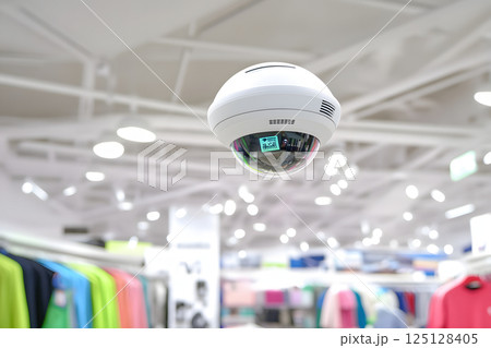 店内のドーム型防犯カメラと明るいショッピング環境 125128405