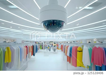 店内のドーム型防犯カメラと明るいショッピング環境 125128406