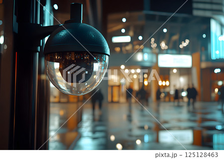 街頭の防犯カメラとオレンジ色の秋の葉の対比的構図 125128463