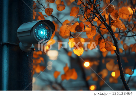 街頭の防犯カメラとオレンジ色の秋の葉の対比的構図 街頭の防犯カメラとオレンジ色の秋の葉の対比的構図 125128464