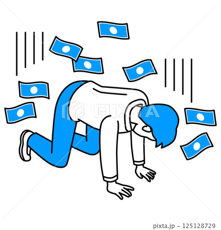 お金を失ってひざまずいて落ち込むカジュアルな男性 125128729