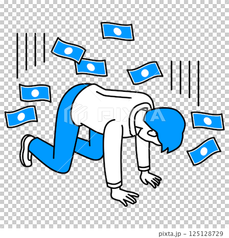 お金を失ってひざまずいて落ち込むカジュアルな男性 125128729