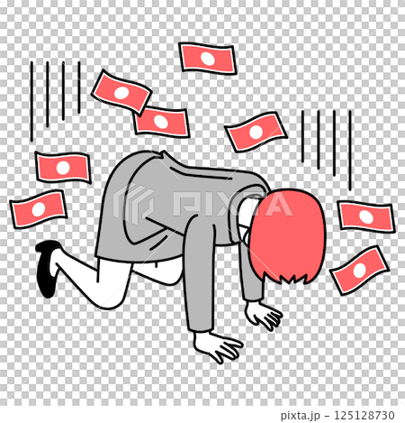 お金を失ってひざまずいて落ち込むスーツの女性 お金を失ってひざまずいて落ち込むスーツの女性 125128730