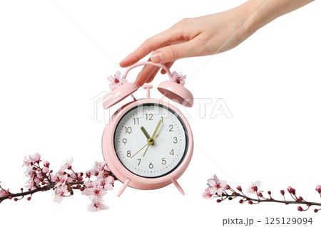 PNG, Alarm oclock, pink clock with flowers and hand, isolated on white background PNG, Alarm oclock, pink clock with flowers and hand, isolated on white background 125129094