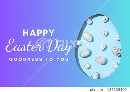 Easter, paper cut egg with eggs, with text, on a blue background 125129109