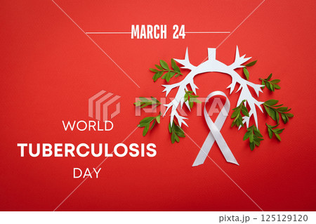 World Tuberculosis Day, image of healthy human lungs with green twigs on a red background, with text 125129120