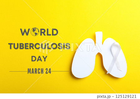 World Tuberculosis Day, white paper lungs and ribbon on a yellow background, with text 125129121