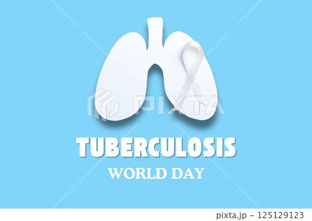 World Tuberculosis Day, white paper lungs and ribbon on a blue background, with text 125129123