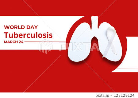 World Tuberculosis Day, white paper lungs and ribbon on a red background, with text 125129124
