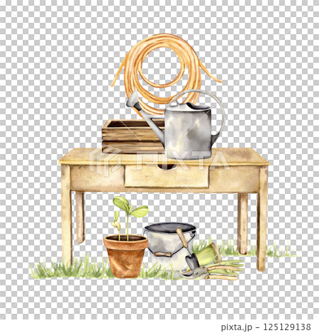 Watercolor gardening scene with vintage table, watering can, crate, hose, gloves, potted plant 125129138