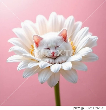 A fluffy white kitten sleeping inside a large daisy flower, soft pink background, dreamy and gentle fantasy setting 125129264