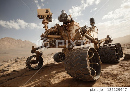 Rover on surface of Moon studies the situation, features of the atmosphere and takes soil samples. Conducting tests, the rover assesses the Moon's soil, providing insights into its geological history. 125129447