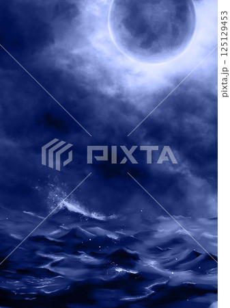 荒れた海と夜空に浮かぶ満月青 125129453