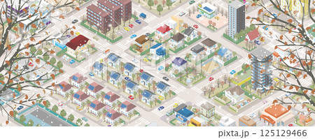雪が降る冬の街並みのイラスト. アイソメ図. 雪が降る冬の街並みのイラスト. アイソメ図. 125129466