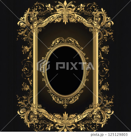 Elegant funeral flyer template in dark and gold with blank space for a portrait 125129803